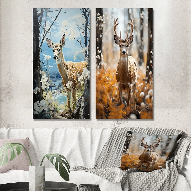 Vintage botanical floral wall art for classic-Designart "Deer Graceful Fawn Pastoral" Deer Wall Art Set Of 2 Brown Modern Gallery Set For Office Decor