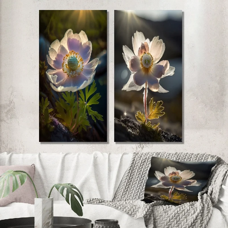 Modern animal canvas wall art for fun decor-Designart "Delicate Blooming Anemone In Morning Sunshine II" Flowers Wall Art Set of 2 - Traditional Living Room Decor