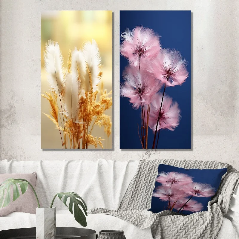 Large colorful wall art for dining room-Designart "Delicate Spring Blossoming In The Meadows" Feathers Wall Art Set of 2 - Modern For Living Room Decor