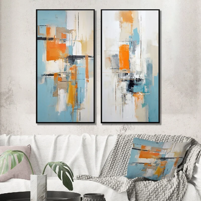 Contemporary floral abstract canvas wall art for flair-Designart "Dialogue With Minimalism Serene Blue Abstract I" Abstract Painting Framed Gallery Set For Office Decor