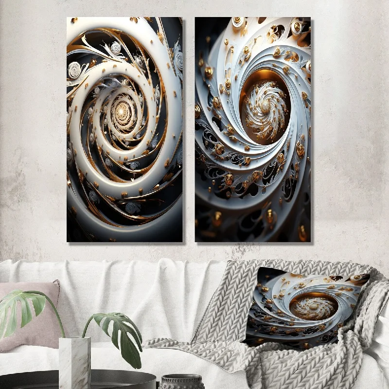 Vintage botanical animal canvas wall art for classic-Designart "Eflorescence White Gold Liquid Floral Spiral I" Abstract Wall Art Set of 2 - Transitional For Office Decor