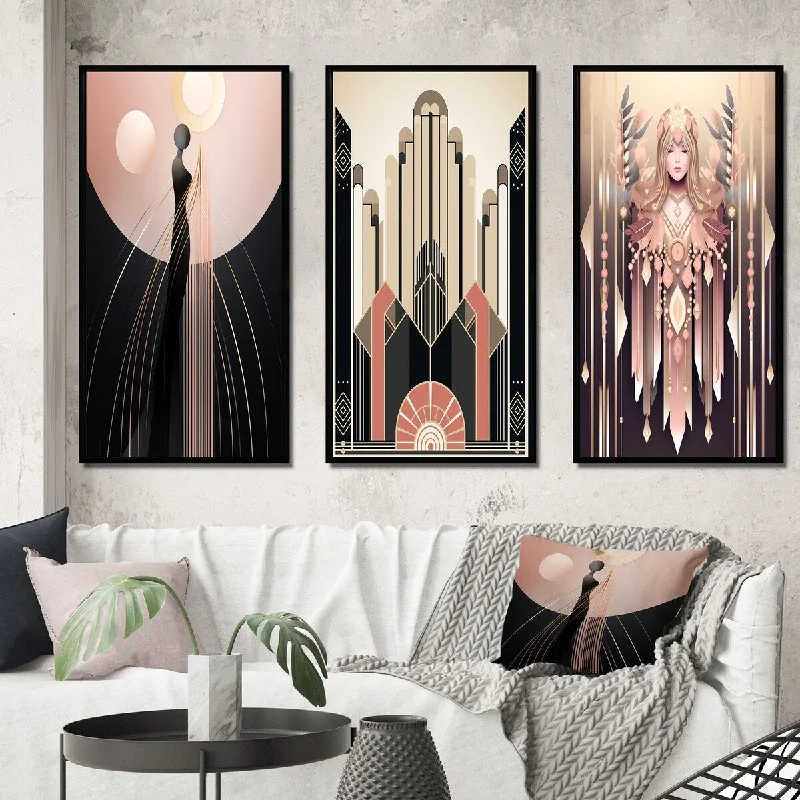 Custom watercolor abstract wall art for creativity-Designart "Elegant Art Nouveau Queen In Retro Pink Pastel" Modern Geometric Framed Wall Art Set Of 3 Living Room Decor