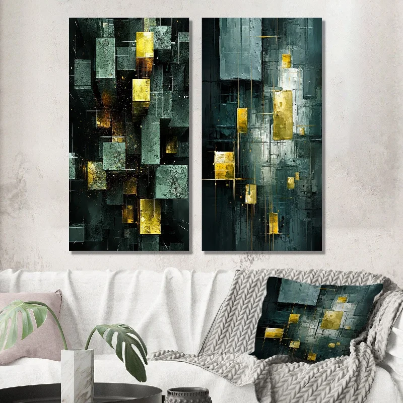 Boho style animal wall art for eclectic vibe-Designart "Emerald Reflections Abstract Cubist II" Abstract Wall Art Set of 2 - Modern Gallery Set For Office Decor