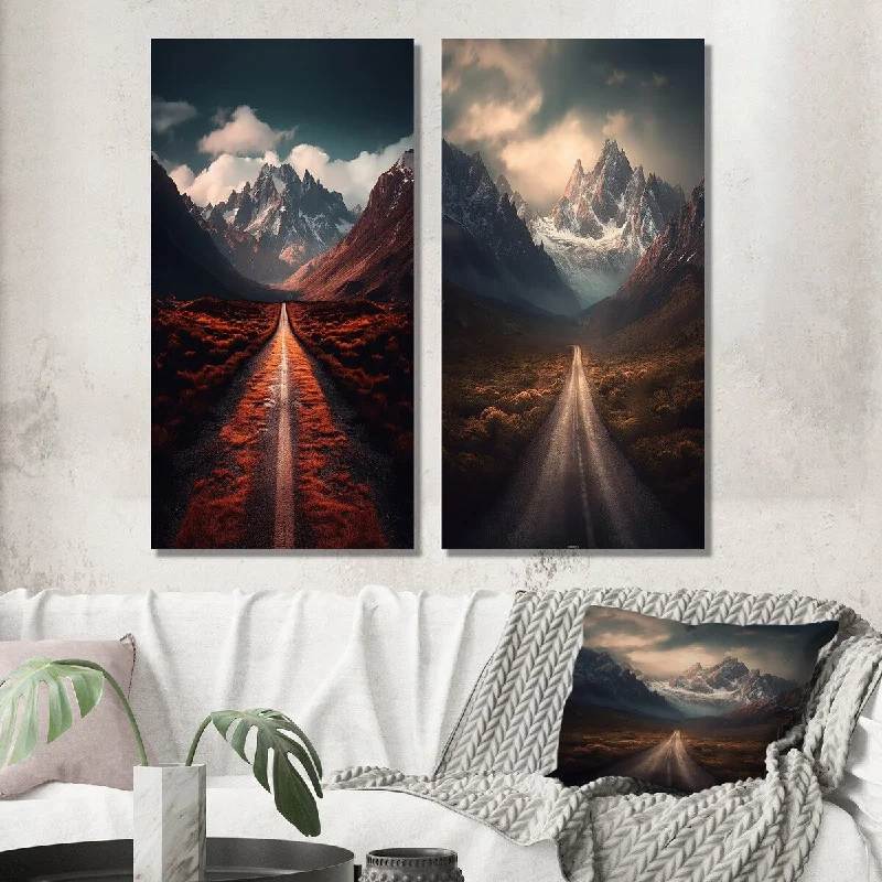 Small luxury animal wall art for intimate-Designart "Endless Roads To Misty Snow Mountains III" Meadow Wall Art Set of 2 - Traditional For Living Room Decor