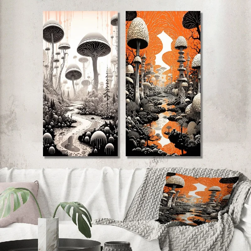 Rustic farmhouse geometric wall art for rustic-Designart "Enigmatic Magical Mushrooms Retro Illustration III" Abstract Wall Art Set of 2 - Modern For Living Room Decor