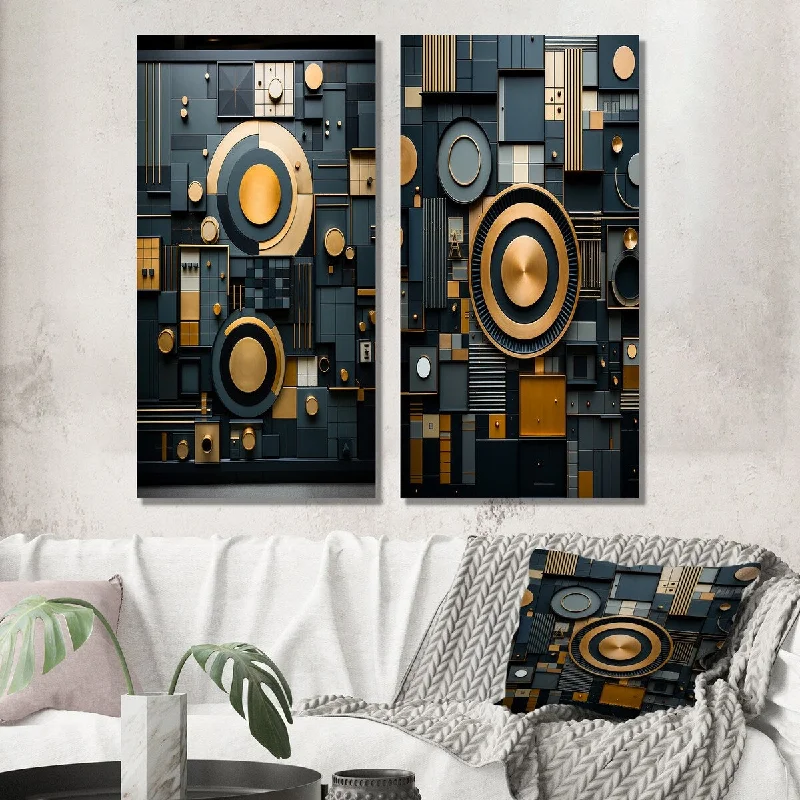 Modern colorful animal wall art for pop-Designart "Esoteric Knowing In Teal And Gold IV" Modern Geometric Wall Art Set of 2 - Modern For Living Room Decor