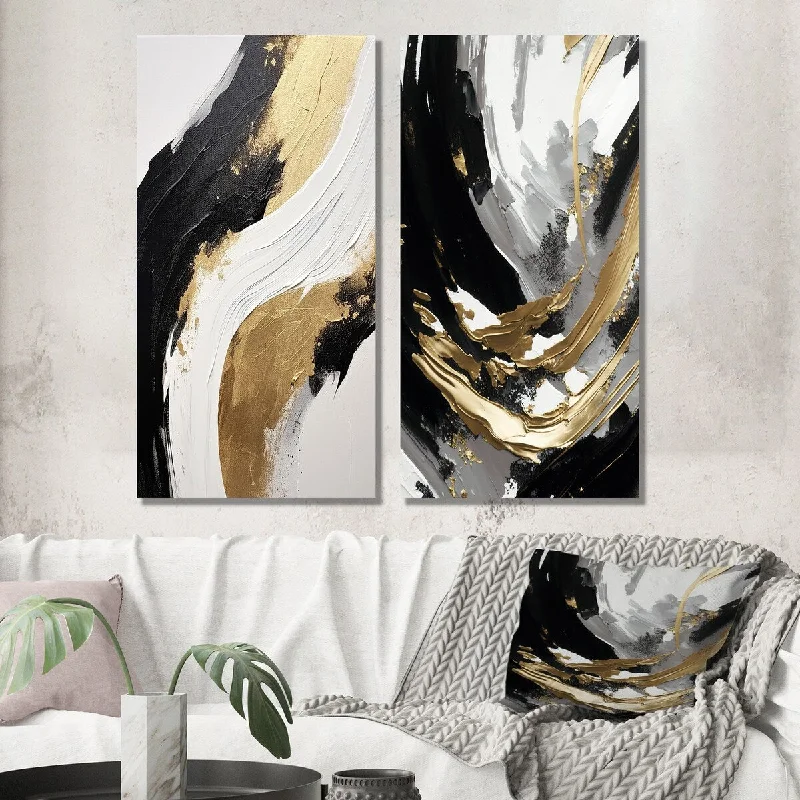 Boho style animal wall art for eclectic vibe-Designart "Essential Nature Of Alchemy Abstract Gold Black I" Abstract Wall Art Set of 2 - Modern Printed Wall Décor