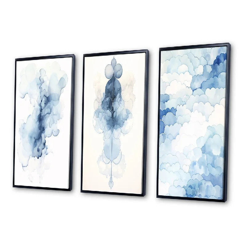 Contemporary blue wall art for tranquility-Designart "Ethereal Blue Watercolor Bliss V" Abstract Painting Framed Wall Art Set Of 3 - Modern For Office Decor