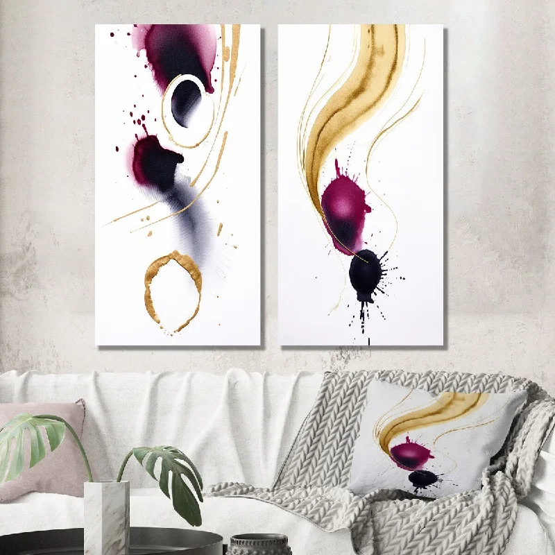 Large floral modern wall art for statement-Designart "Exquisite Fluidity Magenta Ink Clouds II" Abstract Painting Wall Art Set of 2 - Modern Wall Art For Bedroom