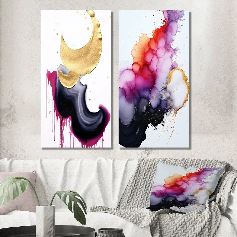 Vintage botanical geometric wall art for retro-Designart "Exquisite Fluidity Magenta Ink Clouds IX" Abstract Wall Art Set of 2 - Modern For Living Room Decor