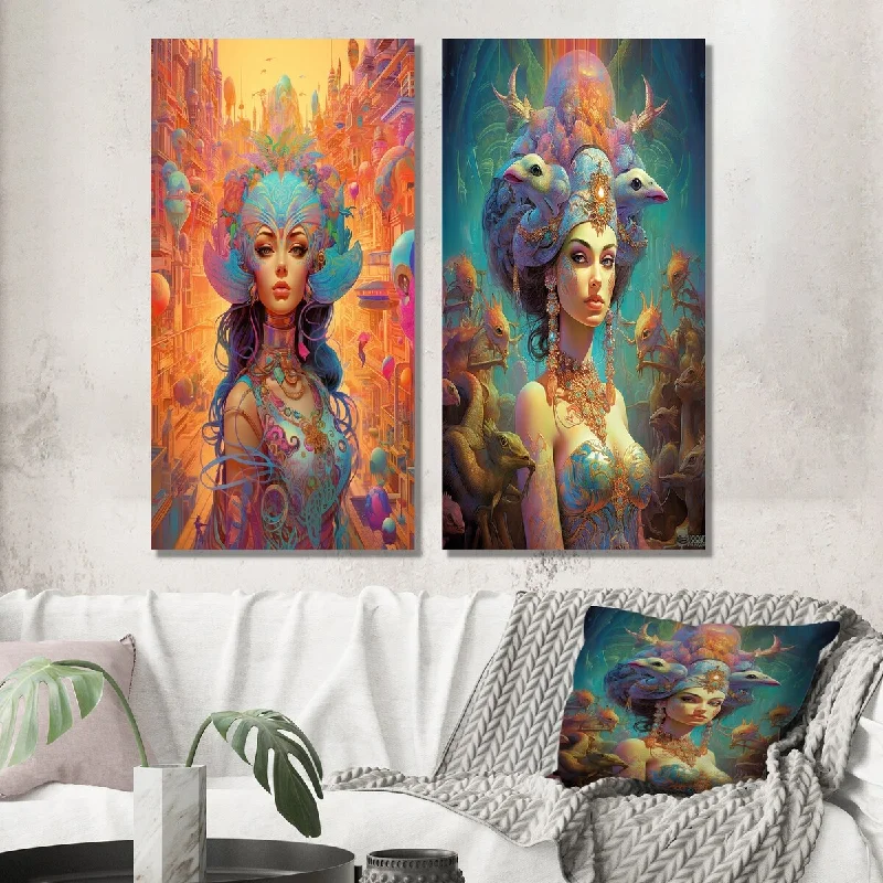 Modern black and white wall art for chic-Designart "Exquisite Goddess In Psychedelic Pastels II" Fashion Wall Art Set of 2 - Glam Gallery Set For Office Decor