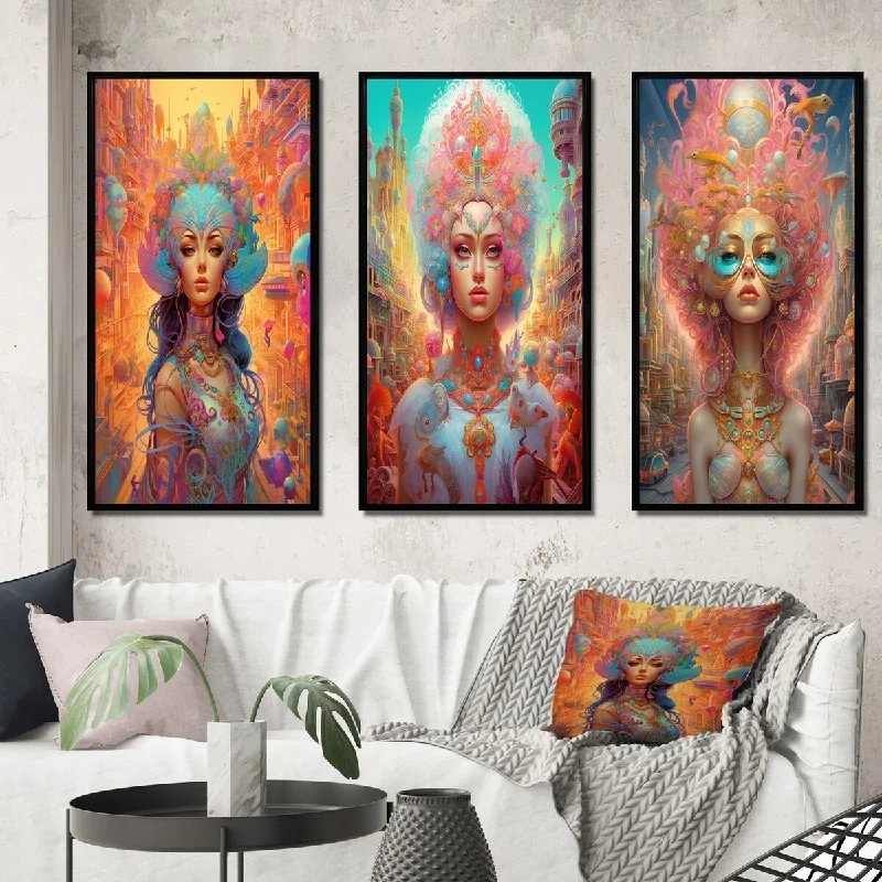 Handmade floral wall art for charm-Designart "Exquisite Goddess In Psychedelic Pastels II" Fashion Woman Framed Wall Art Set Of 3 - Glam For Office Decor