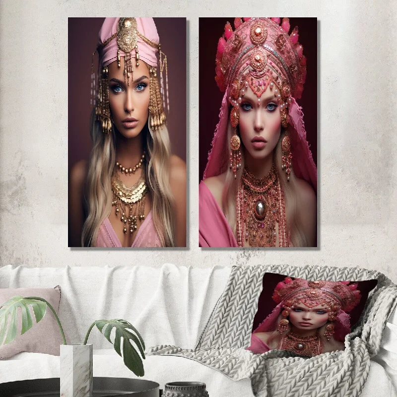 Nature themed animal canvas wall art for wild-Designart "Exquisite Grace Portrait Of Boho Queen I" Boho Woman Wall Art Set of 2 - Glam For Living Room Decor