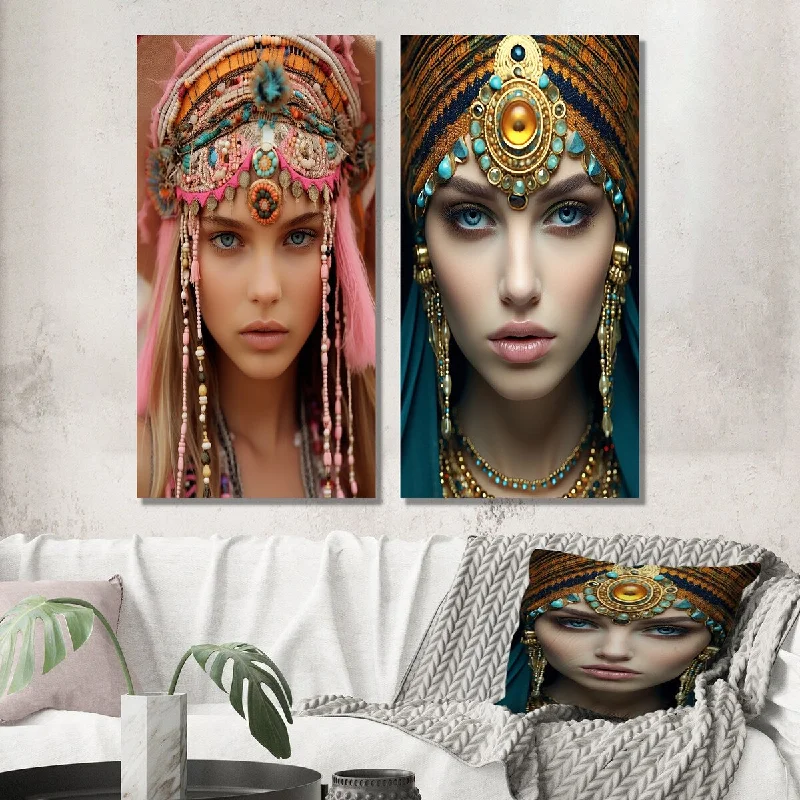 Boho macrame floral wall art for softness-Designart "Exquisite Grace Portrait Of Boho Queen II" Boho Woman Wall Art Set of 2 - Glam Wall Art For Bedroom