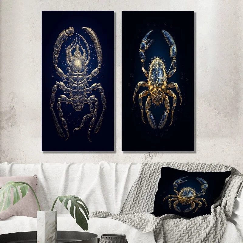 Large floral geometric wall art for drama-Designart "Exquisite Scorpio Gold On Blue II" Scorpio Wall Art Set of 2 - Modern Wall Art For Living Room Decor