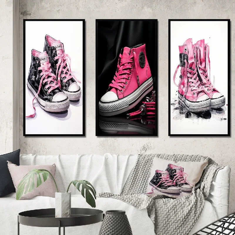 Custom watercolor floral wall art for art-Designart "Fashion Pink Sneakers Obsession V" Fashion Framed Wall Art Set Of 3 Frame Gallery Wall Set For Home Decor