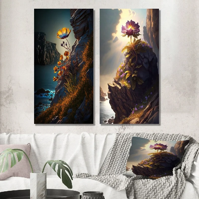 Nature themed landscape wall art for serenity-Designart "Fierce Yellow Mountain Flower Captures Sunshine" Flowers Wall Set of 2 - Traditional Wall Art For Home Decor