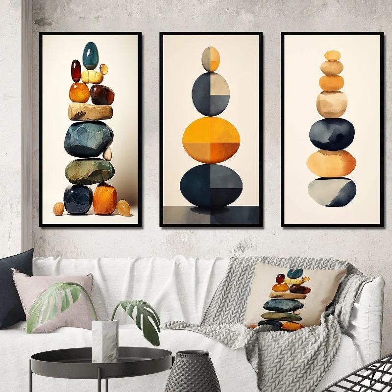 Rustic wooden abstract canvas wall art for style-Designart "Finding Balance Rock Balancing Cairn Sculpture II" Spiritual Stone Frame Gallery Set Of 3 For Office Decor