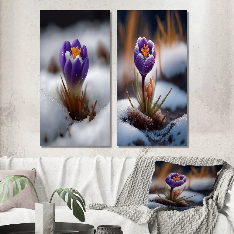 Rustic farmhouse wall art for warmth-Designart "First Crocus Of Spring I" Floral Crocus Wall Art Set of 2 - Traditional Gallery Set For Office Decor