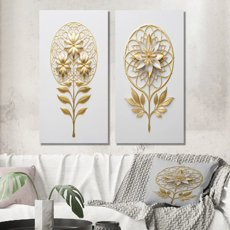 Rustic farmhouse animal canvas wall art for warmth-Designart "Flower Of Life Golden Elegance III" Abstract Botanicals Wall Art Set of 2 - Modern Wall Art For Bedroom