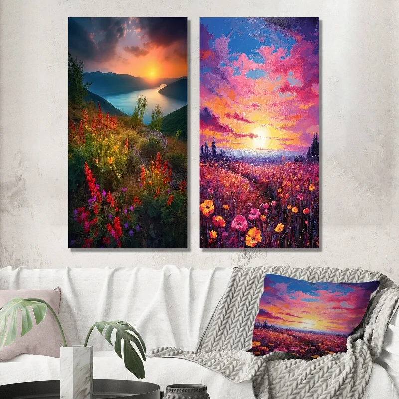 Modern colorful geometric wall art for energy-Designart "Flowers Over Mountain Valley Majestic Sunset" Lake Wall Art Set of 2 - Lake House Wall Art For Home Decor