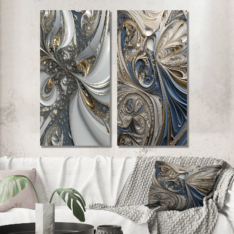 Small floral wall art for entryway-Designart "Fractal Whirl In Retro Gold And White V" Fractals Wall Art Set of 2 - Transitional Wall Art For Home Decor