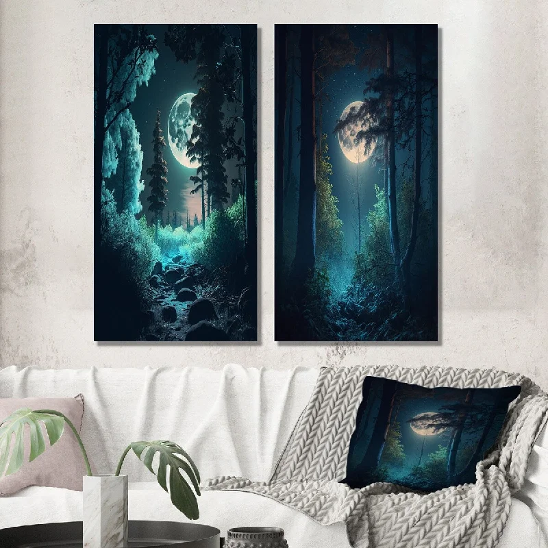 Small luxury abstract wall art for detail-Designart "Full Moon Grace Magical Midnight Forest II" Forest Wall Art Set of 2 - Traditional Wall Art For Home Decor