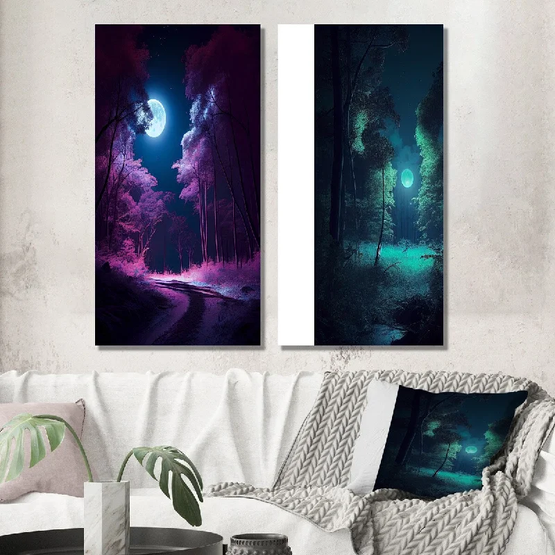 Custom abstract floral wall art for personal-Designart "Full Moon Grace Magical Midnight Forest VI" Forest Wall Art Set of 2 Traditional Gallery Set For Office Decor