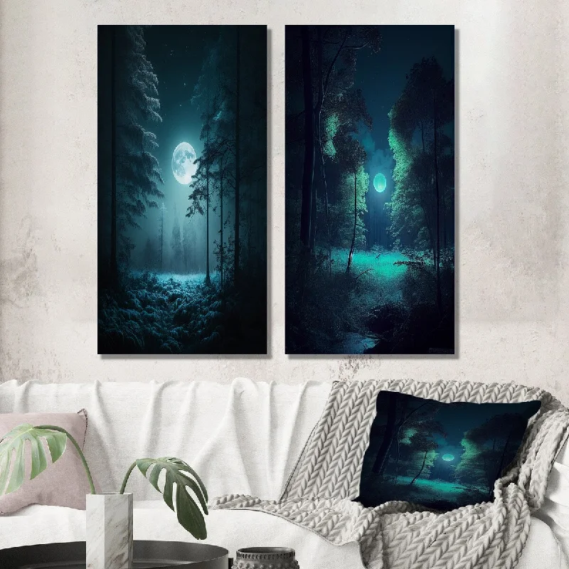 Rustic wooden abstract wall art for contrast-Designart "Full Moon Grace Magical Midnight Forest VIII" Forest Wall Art Set of 2 - Traditional For Living Room Decor