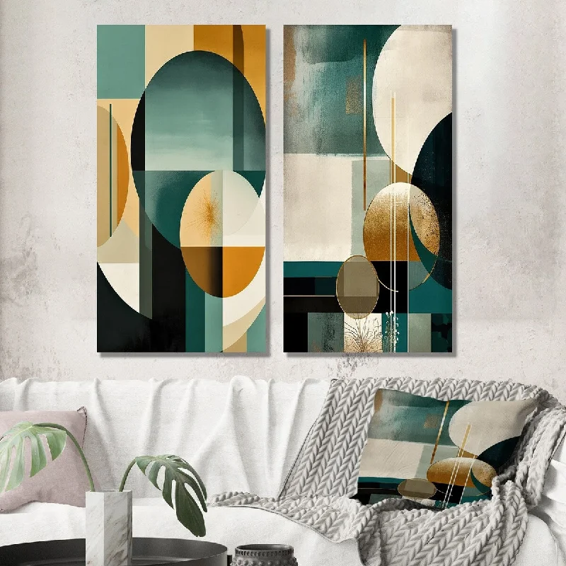 Vintage animal canvas wall art for nostalgia-Designart "Full Moon Grace Retro Gold And Teal Abstract I" Modern Wall Art Set of 2 - Modern For Living Room Decor