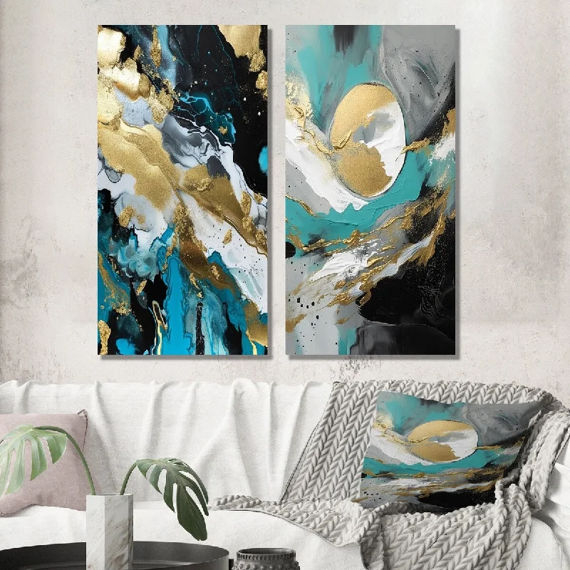 Large modern wall art for dramatic effect-Designart "Full Moon Happiness Gold & Turquoise Abstract III" Abstract Wall Art Set of 2 - Modern For Living Room Decor