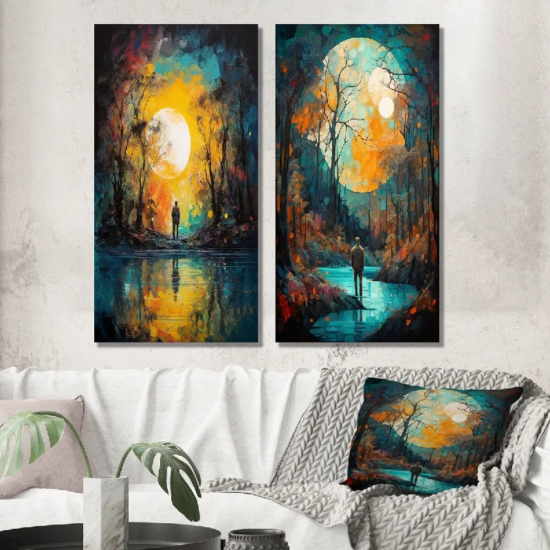 Boho style wall art for cozy space-Designart "Full Moon Magic Wandering In The Forest I" Forest Wall Set of 2 - Traditional Wall Art For Living Room Decor