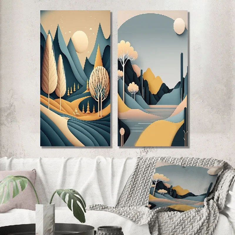 Large floral geometric wall art for drama-Designart "Full Moon Mountain Serenity I" Landscape Mountains Wall Art Set of 2 - Traditional Wall Art For Home Decor