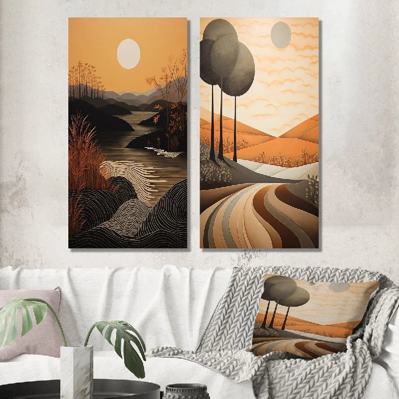 Large floral modern wall art for statement-Designart "Full Moon Mountain Trees Retro Landscape" Meadow Wall Art Set of 2 - Traditional For Living Room Decor