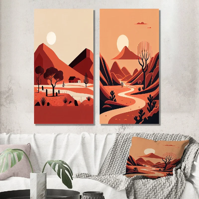 Boho macrame abstract canvas wall art for texture-Designart "Full Moon Over Terra Cotta Mountains I" Landscape Wall Art Set of 2 - Traditional For Living Room Decor