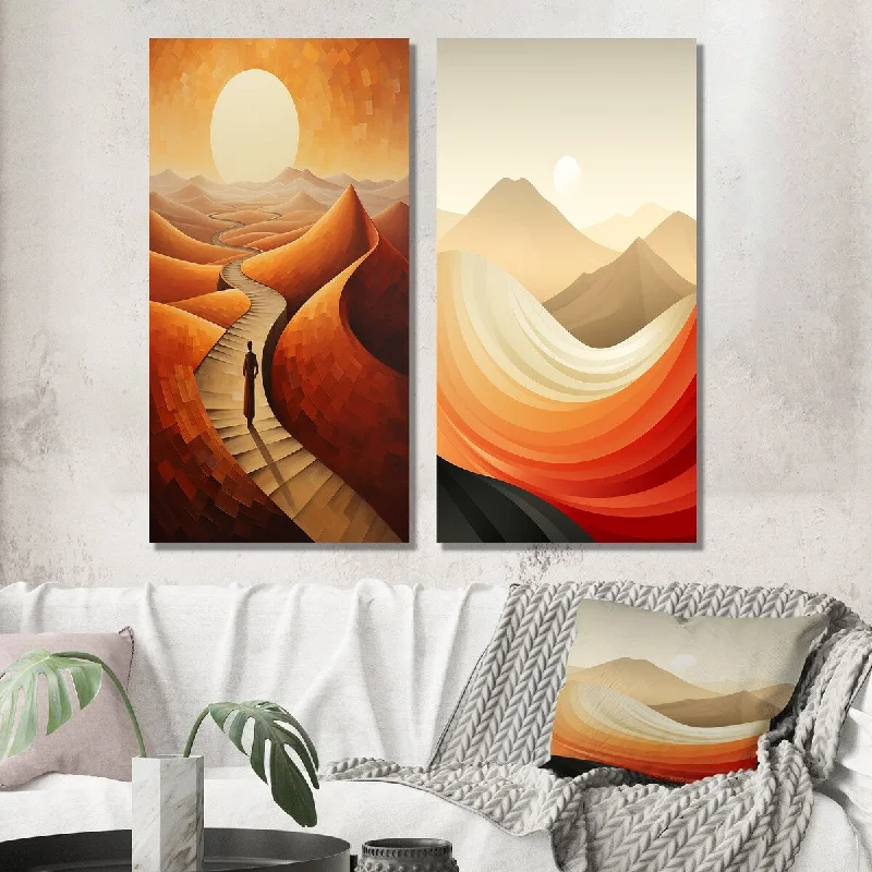 Minimalist black floral wall art for chic-Designart "Full Moon Path Through Eternal Dunes" Desert Wall Art Set of 2 - Global Gallery Set For Office Decor