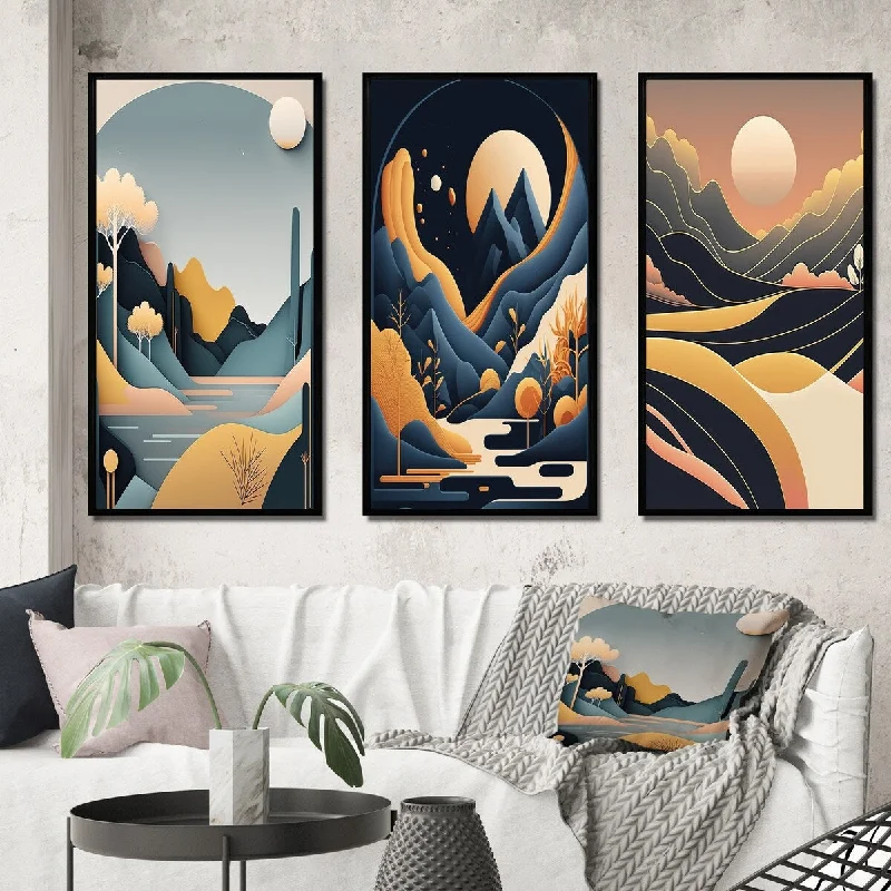 Handmade floral wall art for charm-Designart "Full White Moon Over The Mountains I" Landscape Mountains Frame Gallery Wall Set Of 3 For Home Decor