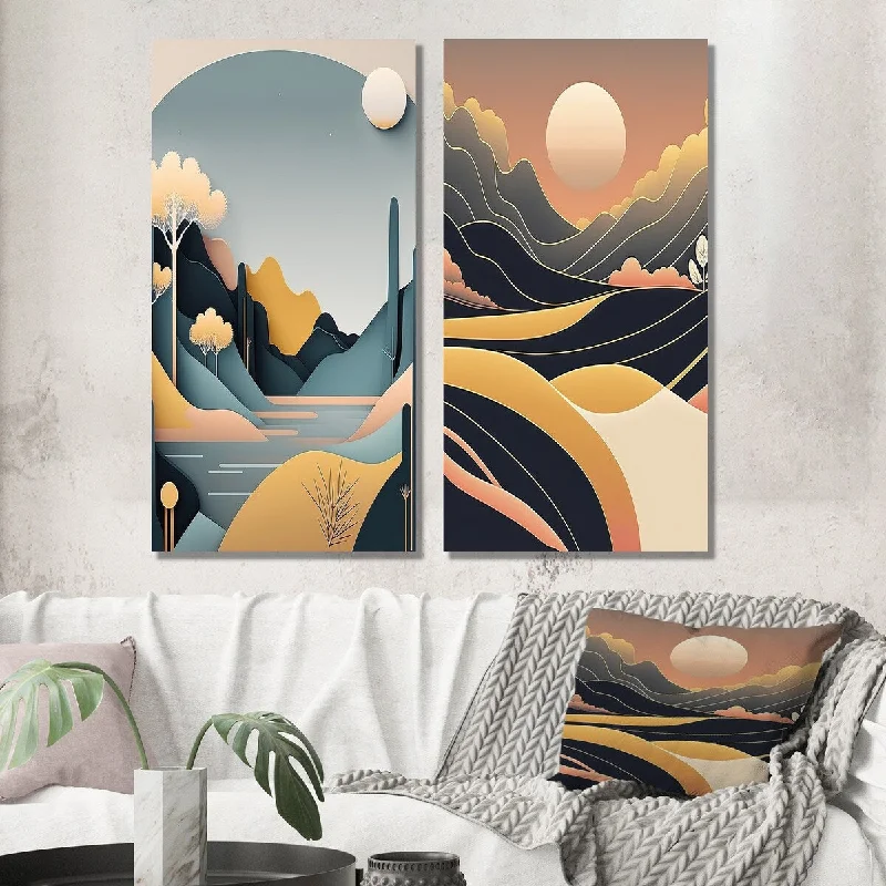 Hand-painted animal canvas wall art for detail-Designart "Full White Moon Over The Mountains I" Landscape Mountains Wall Art Set of 2 Traditional Wall Art For Bedroom