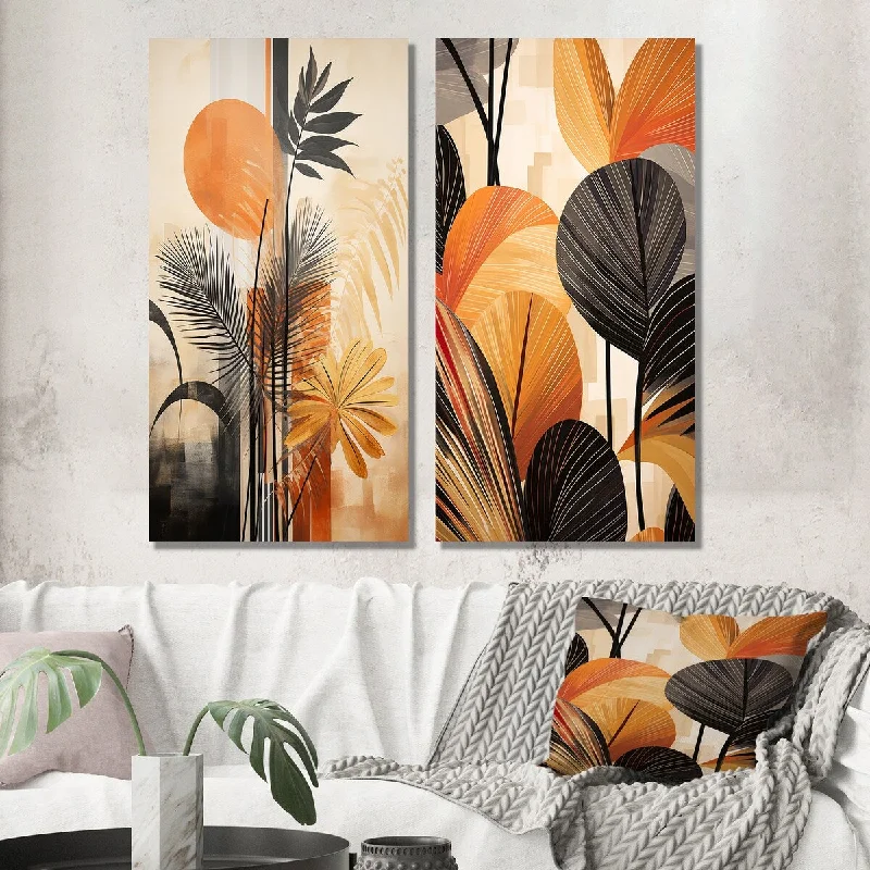 Boho macrame floral canvas wall art for softness-Designart "Funky Foliage In Terracotta Tones II" Abstract Botanicals Wall Art Set of 2 - Modern Wall Art For Bedroom