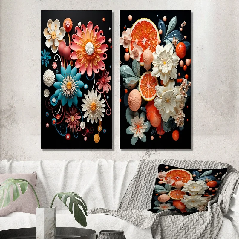 Small geometric animal wall art for subtlety-Designart "Funky Foliage Vibrant Flowers On Black I" Abstract Wall Art Set of 2 - Modern For Living Room Decor