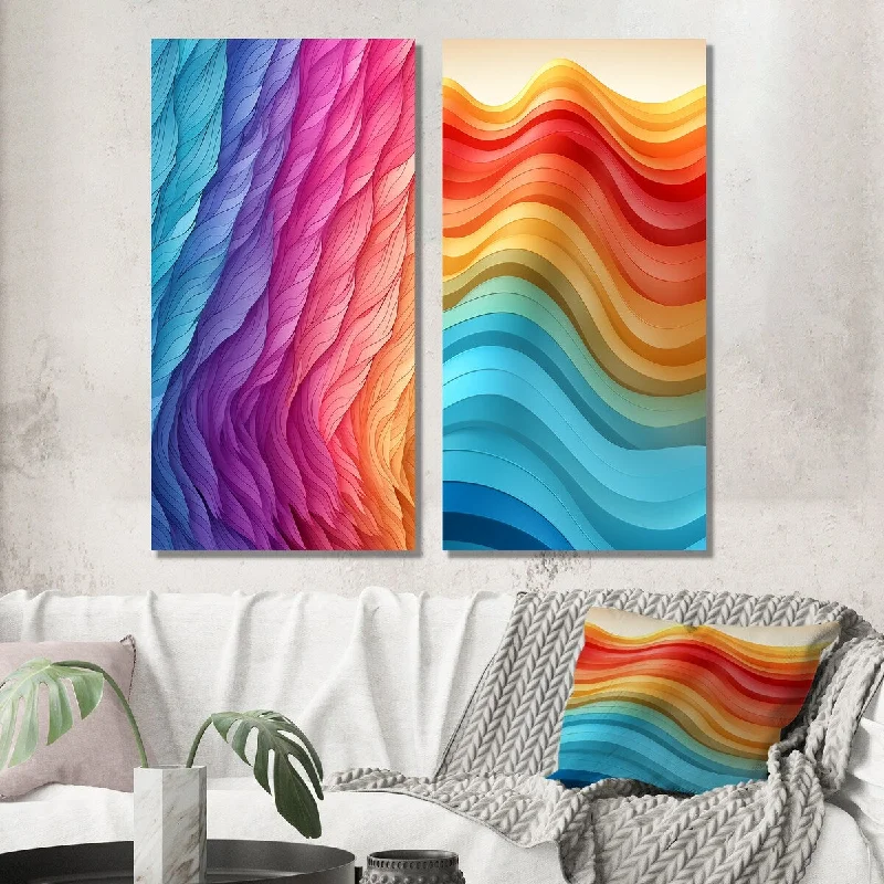 Contemporary blue floral wall art for serenity-Designart "Futuristic Abstract Waves In Retro Pastel II" Abstract Wall Art Set of 2 - Transitional Living Room Decor