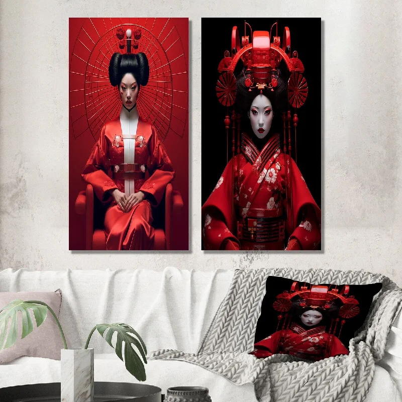 Small geometric wall art for desk space-Designart "Futuristic Japanese Geisha III" Japon Woman Wall Art Set of 2 - Glam Print Art For Living Room Decor