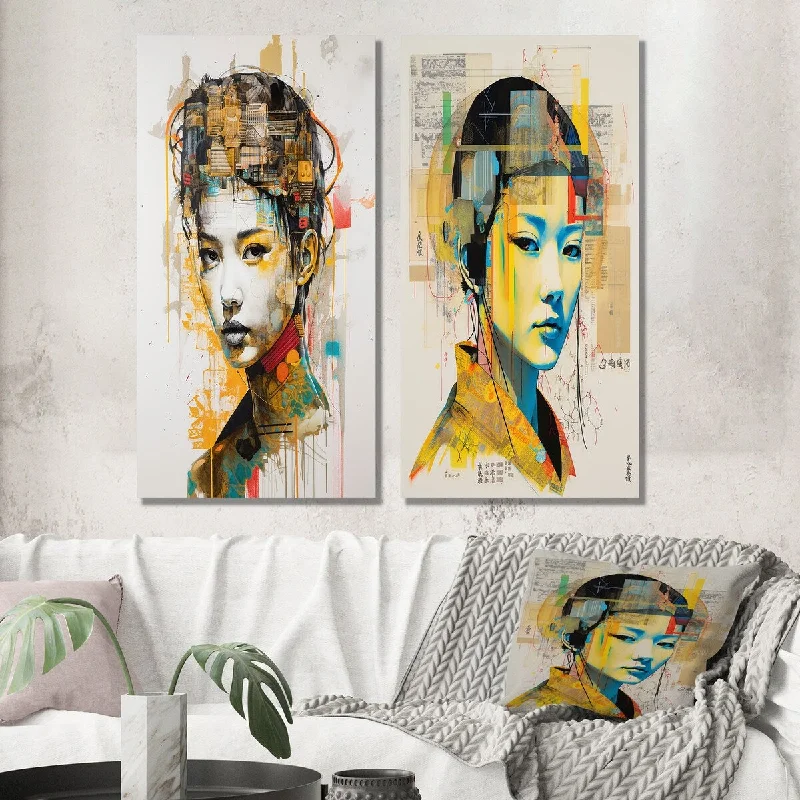 Rustic wooden floral wall art for texture-Designart "Futuristic Portrait Japanese Queen Of Kyoto V" Fashion Woman Wall Art Set of 2 - Glam For Office Decor