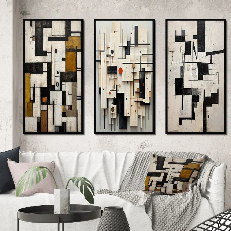 Minimalist black abstract wall art for edge-Designart "Garden Of Urban Groove Abstract Geometrics V" Modern Geometric Framed Wall Art Set Of 3 For Office Decor