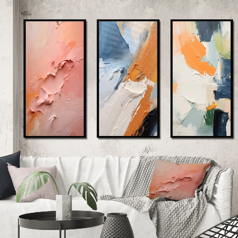 Minimalist white wall art for clean look-Designart "Gentle Pink Serenity Abstract Painting" Abstract Painting Framed Wall Art Set Of 3 - Modern For Office Decor