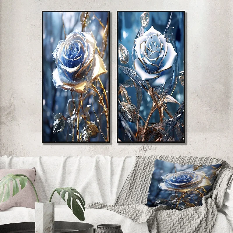 Nature themed animal canvas wall art for wild-Designart "Gilded Blue Rose Shining In The Morning Light I" Rose Framed Wall Art Canvas Set For Living Room Decor