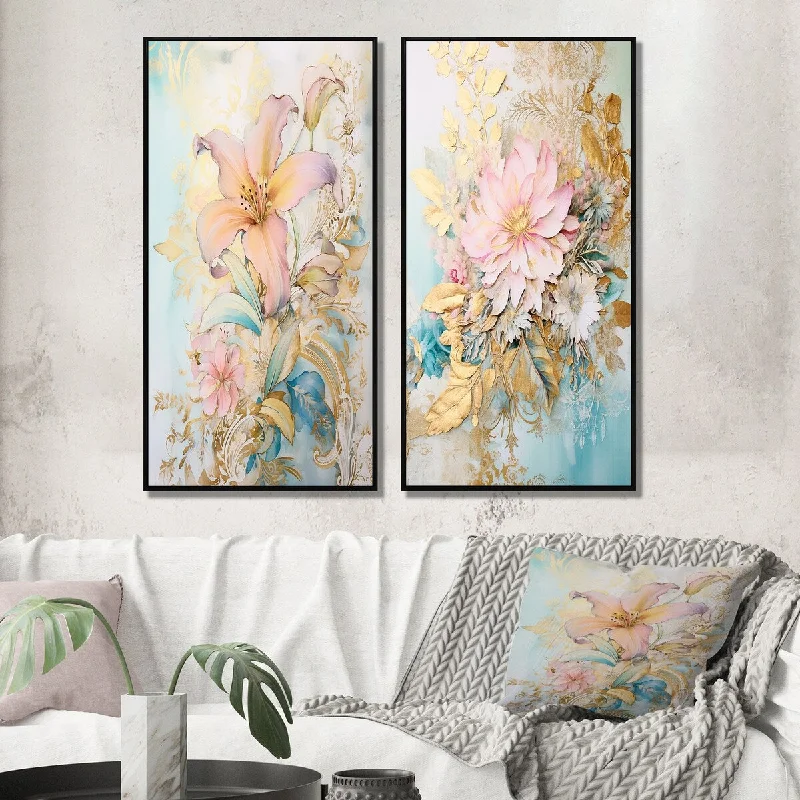 Hand-painted abstract canvas wall art for art-Designart "Gilden Pink Lily Vintage Illustration IV" Lily Framed Wall Art Set Of 2 - Modern Wall Art Set Of 2