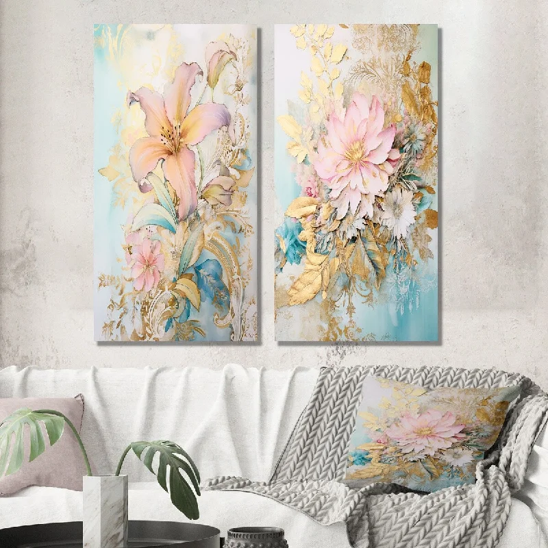 Vintage landscape abstract wall art for depth-Designart "Gilden Pink Lily Vintage Illustration IV" Lily Wall Art Set of 2 - Modern Wall Art For Bedroom