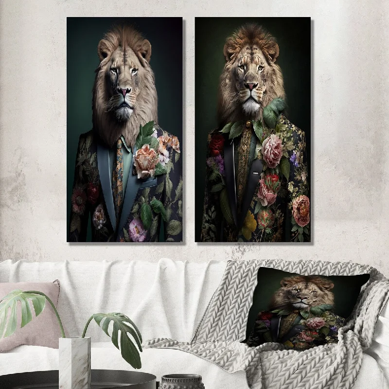 Small rustic wall art for cozy nook-Designart "Glamorous Fashion Lion With Flower Suit I" Animals Lion Wall Art Set of 2 - Children's Art Living Room Decor