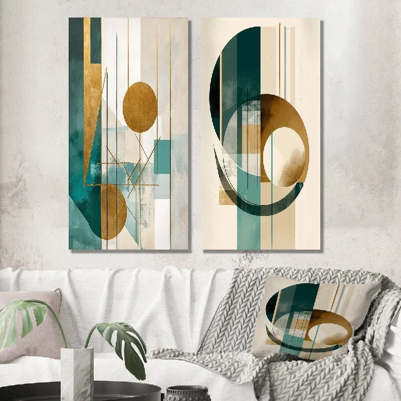 Rustic wooden abstract canvas wall art for style-Designart "Glorious Full Moon Retro Gold & Teal Abstract I" Modern Wall Art Set of 2 Modern Gallery Set For Office Decor